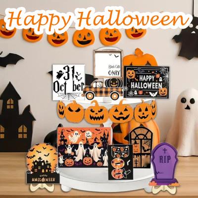 Halloween Förpackningstråg Katt Pumpa Slott Ornament Trähantverk Högtidsornament