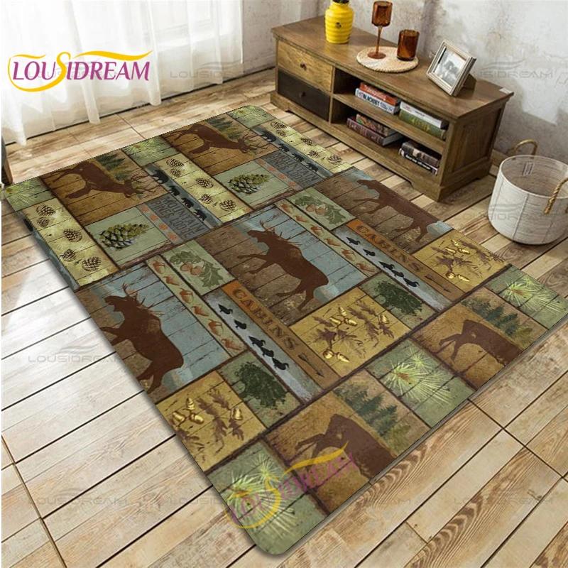 Country Style Farmhouse Lodge Bear Moose Deer Soft Rug Square Flannel Home Rug Vintage Home Living Room Floor Mats Bedroom Rug