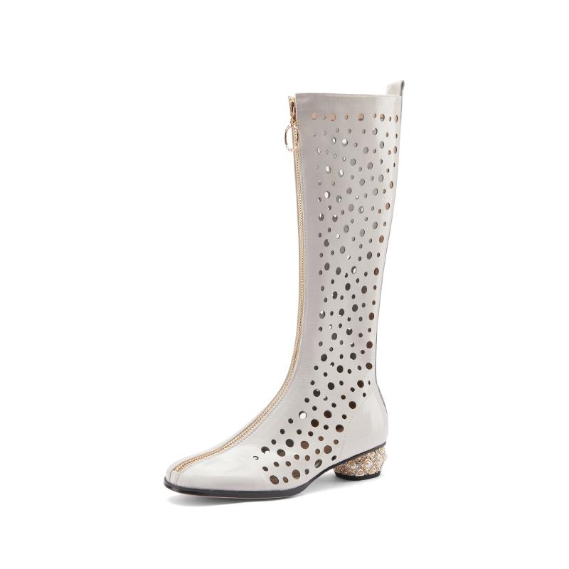 Fashion Women's new summer leather patent leather hollowed out holes, breathable diamond inlaid middle heel, large calf, cool high boots