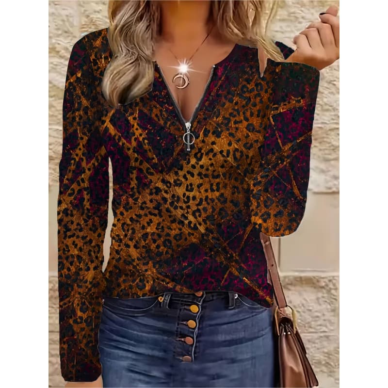 Women's Creative Printed Zipper Long-sleeved T-shirt, Breathable, Soft and Comfortable, Suitable for All-year-round Casual Wear