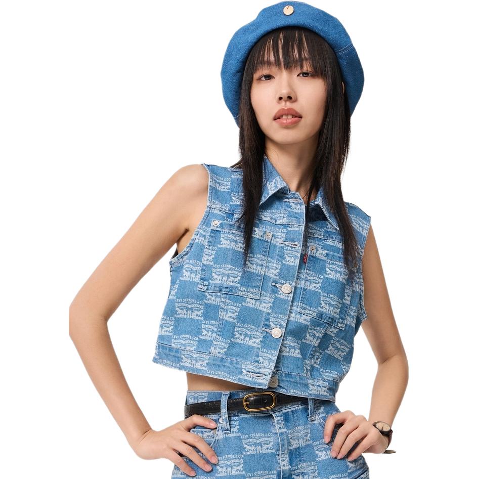 Levis Color Blocked Collared Comfortable Casual Denim Vest Women Vests Light-Blue 000B3-0001