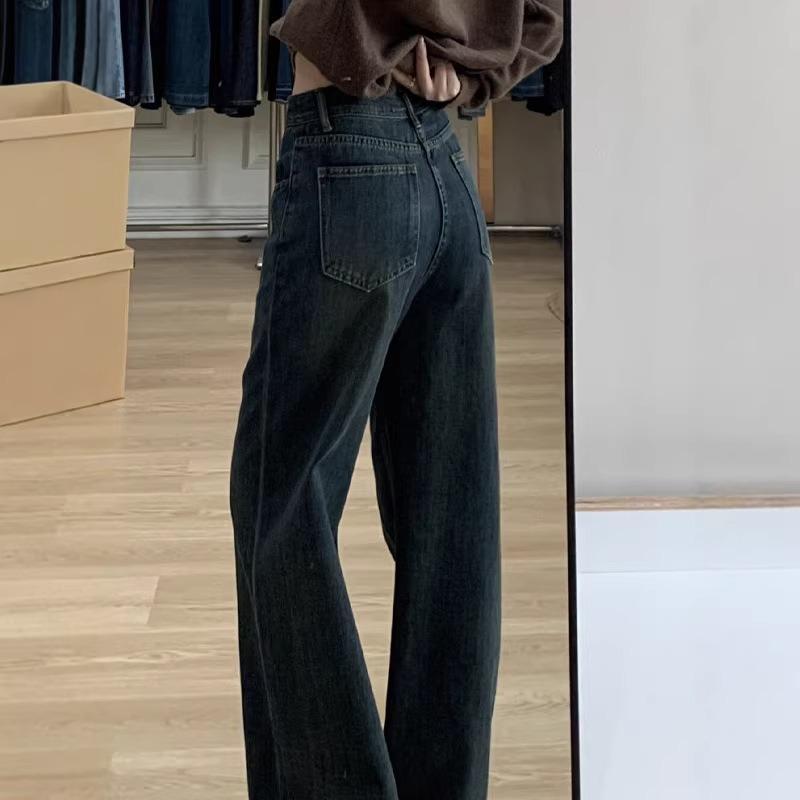 Tall and thin black and gray wide-leg jeans for women's autumn and winter, new design high-waisted straight pants