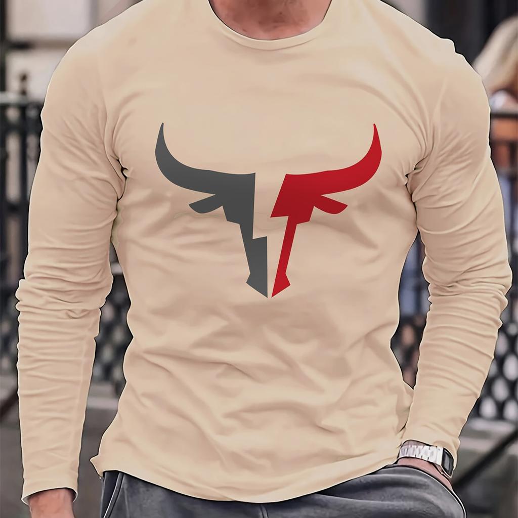Spring and Autumn Round Neck 3D Bull Head Graphic Printed Top Fashionable Casual Long Sleeved Men's T-shirts
