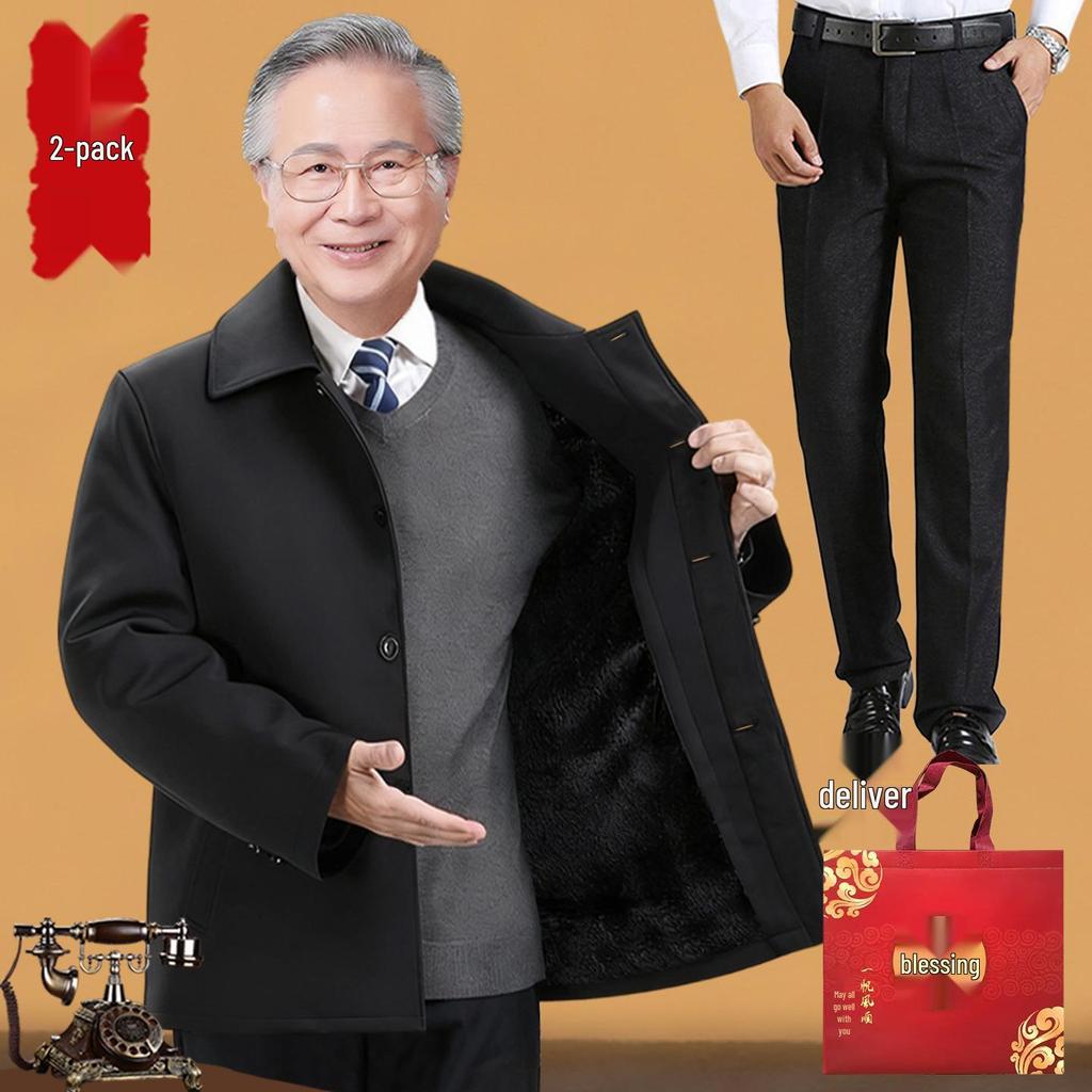 Elderly Men's Winter Fleece-Lined Cotton Jacket, Short Style for Ages 50-70