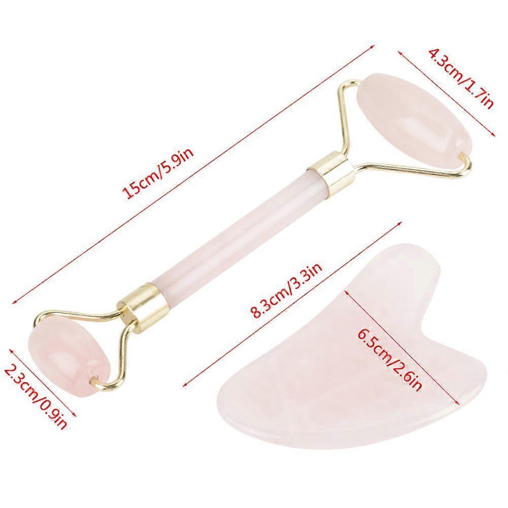 Natural Double Head Rose Quartz Jade Stone Roller & Scrapping Plate Face Massage Tool Kit