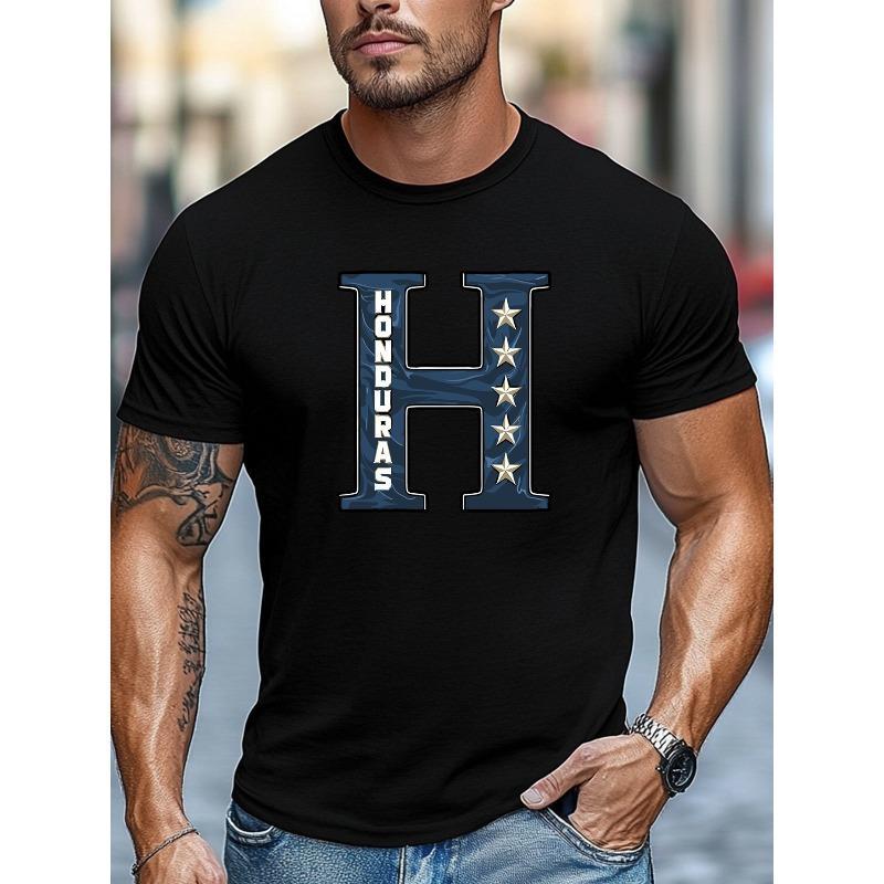 European Sizes Men's T-shirt, Simple and Stylish, Comfortable and Versatile, Men's Honduras-Themed "H" Letter Graphic Summer Casual Crew Neck
