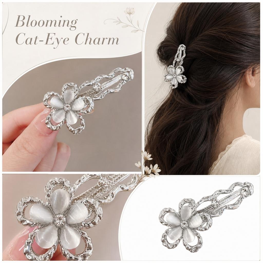 Cat Eye Stone Butterfly Hair Clip Metal Hair Accessory with Floral Pattern for Women Elegant Decorative Hairpin Fashion Jewelry
