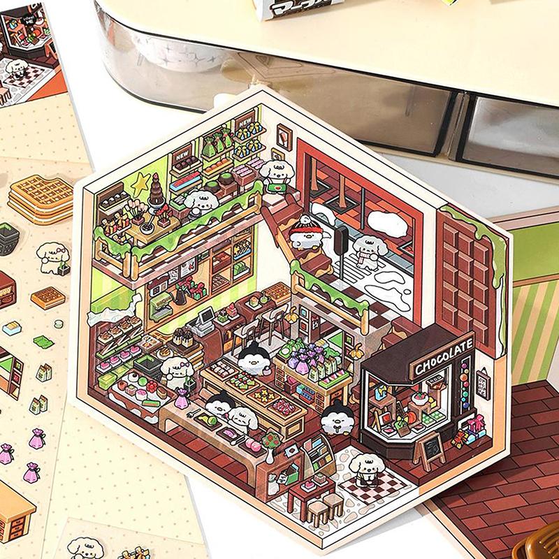 1Set Cartoon 3D Landscape Stickers Pocket Cabin Scene Stacking Pasting Stickers Diy Decoration Stickers Festival Birthday Gifts