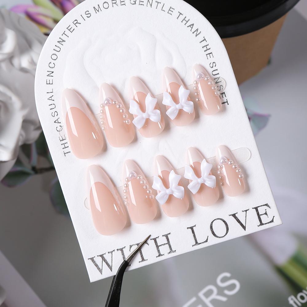 24Pcs Bow Pearl Press on Fake Nails Nude Pink Almond French Stick on False Nail Korean Sweet Girls Wearable Press