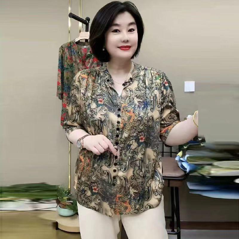 Women's Silk Blouse Summer Loose Floral Plus-Size Shirt V-Neck Printed Silk Shirt