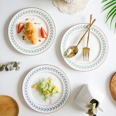 Korean Green Leaf Dinner Plate, Soup Bowl, Coffee Cup, Saucer Set Ins Beautiful Dessert Salad Ceramic Plate for Food Crockery