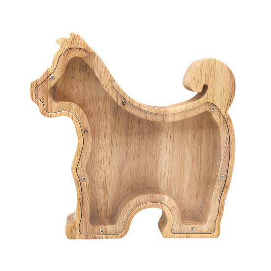 Wooden Dog Piggy Bank with Clear Front Unbreakable Puppy Coin Cash Container C