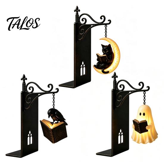Luminous Pendant Desk Lamp Gothic Metal Bookends with Hanging Light, Cat Raven Ghost Decorative Retro Wrought Iron Book Ends Bookshelf Lamp,