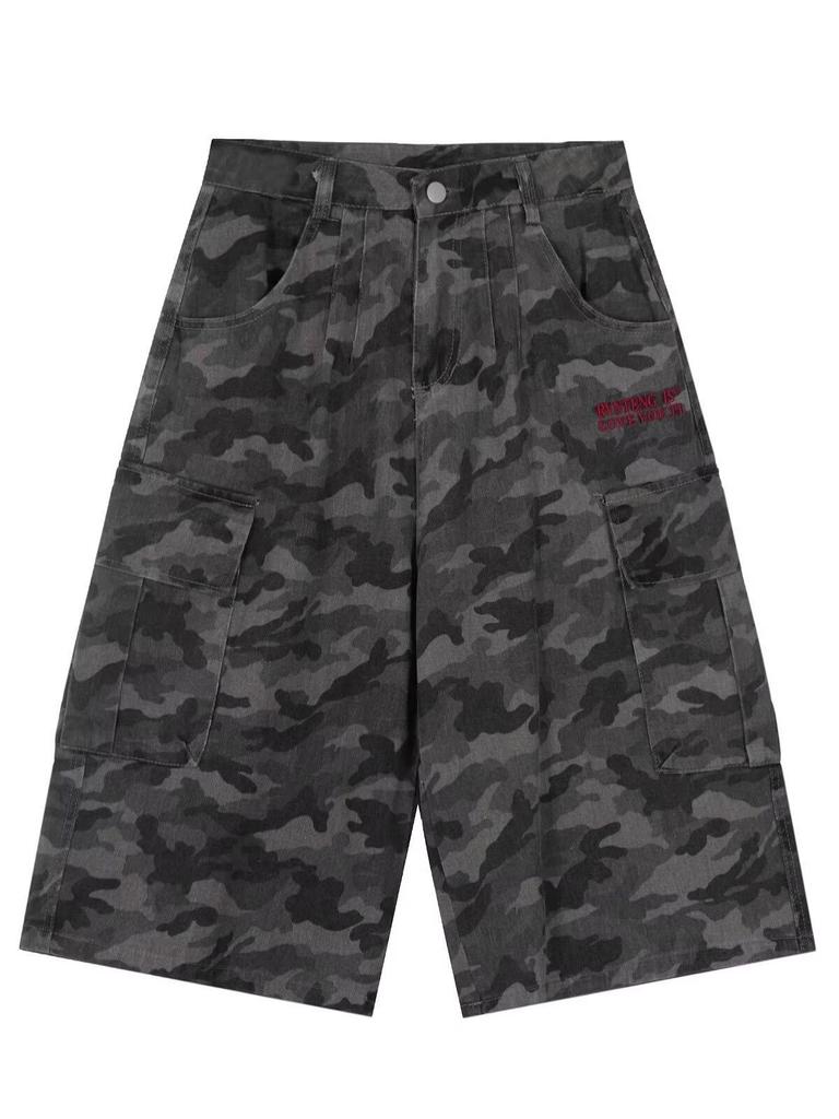 American Spicy Girl Camouflage Wide-Leg Jeans - Plus Size, Loose Fit, Cropped Pants for Spring/Autumn