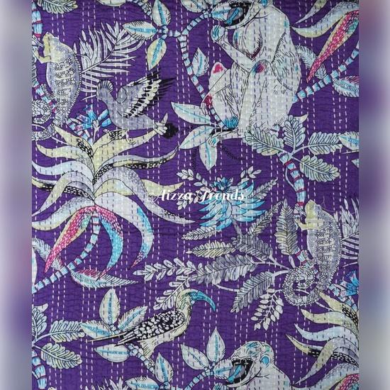 Aizza Trends Handmade Pure Cotton Monkey Print Kantha Quilt  - Traditional Look Bed Spread Kantha Gudri - Vintage Hand Stitch Gudri
