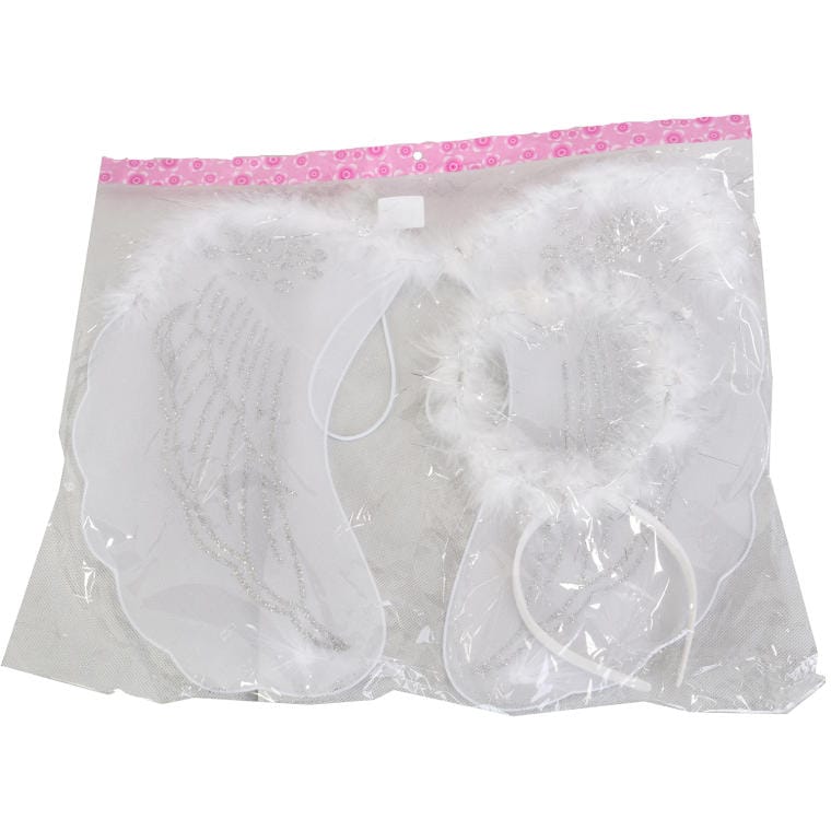 White Feather Angel Costume: Elastic Wings and Headband with Halo 48 Cm
