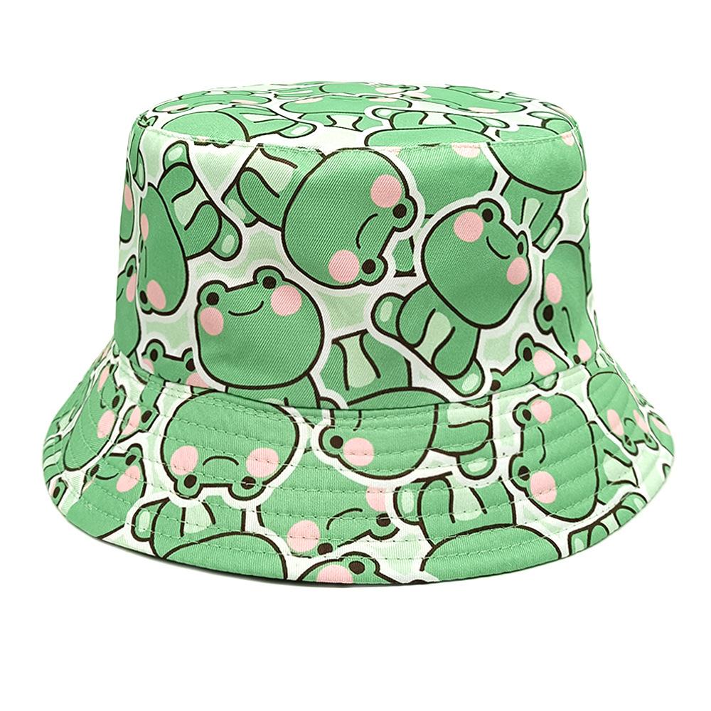 Cartoon Frog Pattern Reversible Green Fisherman Hats Panama Hats Summer Sunscreen Fisherman Hat Women Man Decorate Bucket Hats 56-58cm