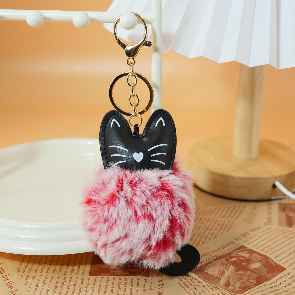 Adorable Black Cat Keychain with Faux Fur Ball Pendant