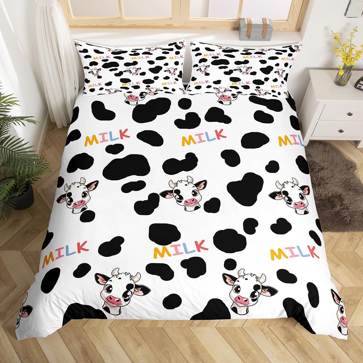 

Carton Milk Cow Soft Duvet Cover Ful King Lovely Farm Animal Beding Set Strawbery Flowers Print Warm Comforter Cover Farmhouse Decor 120*200cm Single