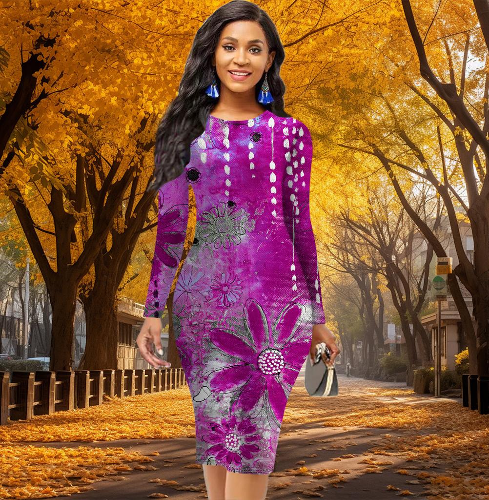 Long Sleeve Waist Tight Office Slim Fit Oil Painting Flowers Printing Elegant Bodycon Dress