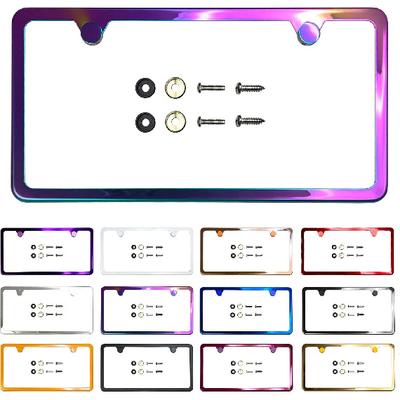 Two Holes Slim License Plate Frame Neo Chrome Aurora Electroplating Burnt Titanium Mirror Chrome Universal Fit Anti Rust Metal Screw On Cap Cover,
