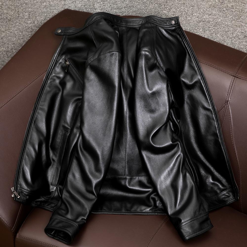 New Mens Genuine Leather Jacket Slim Fit Short Style Sheepskin Coat Autumn Stand Collar Casual Outerwear