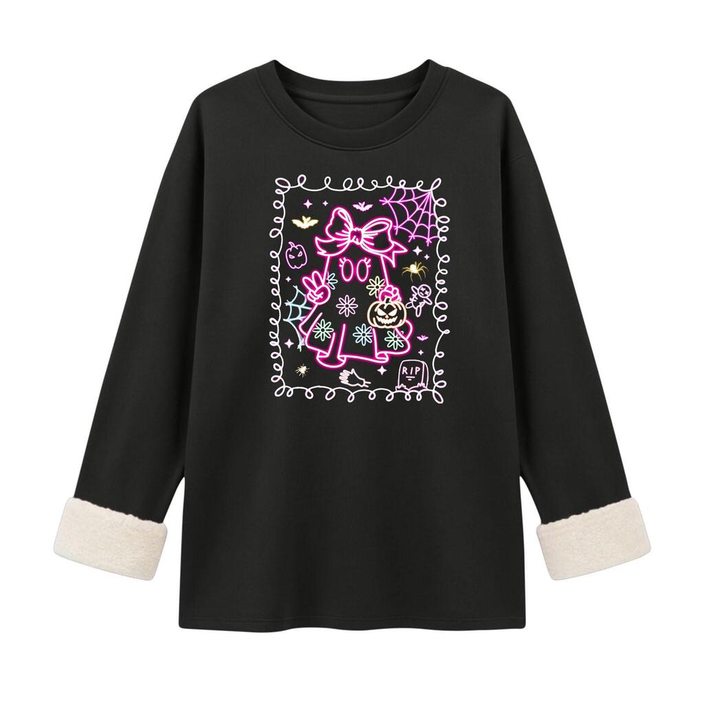 Women's -Lined Long Sleeve Round Neck Halloween Printed Casual Top for Winter