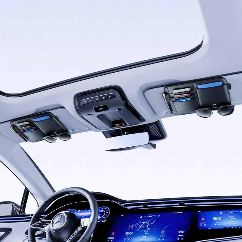 Car Sun Visor Organizer Leather Business Card Pen Multi-Pocket Storage Bag Sunglasses Holder Eyeglasses Clips Auto Accessories