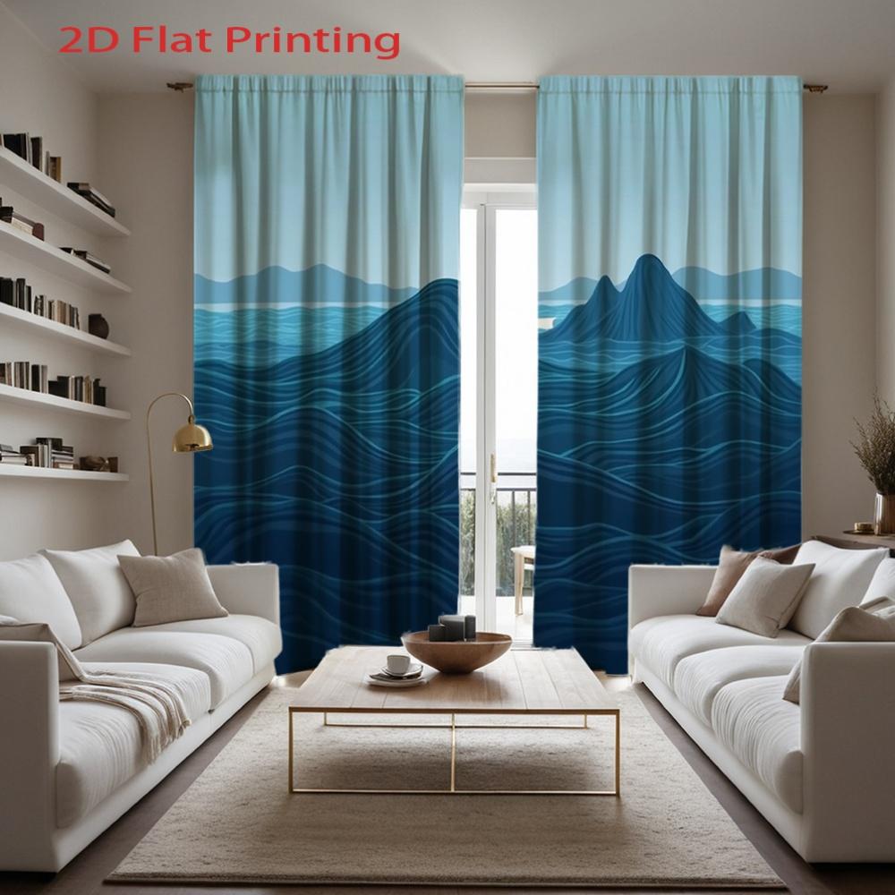 Set Of 2 Flat Printing Curtains Blue Ocean Wave Pattern Dark Sea Waves Theme Polyester Fabric Semi Curtain Light Filtering Made