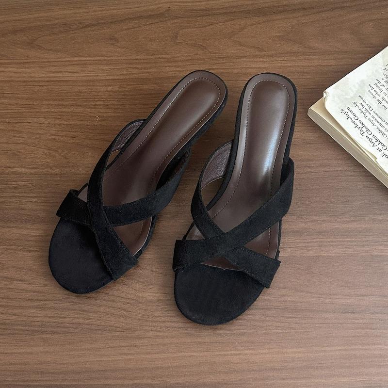 Fashion Minimalist Sheep Suede Cross Strap Sandal Slippers Women's Summer New Outside Wear Round Toe Open Toe Medium Heel Flip-Flops