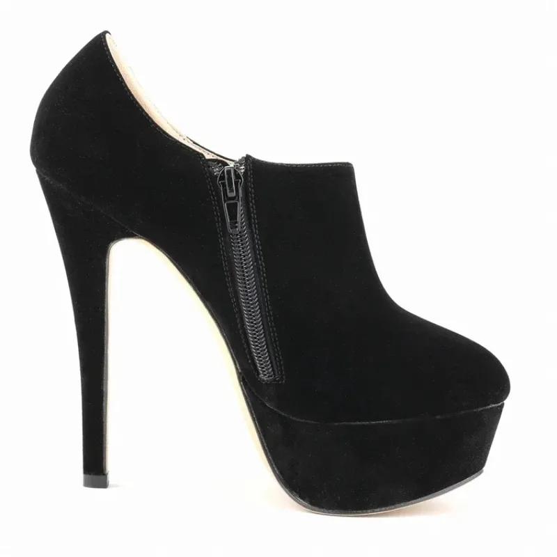 Women Ankle Boots Autumn Winter Flock Ultra High Heels Platform Pumps Stiletto Ladies Sexy Black Short Boots Shoes Plus Size 44