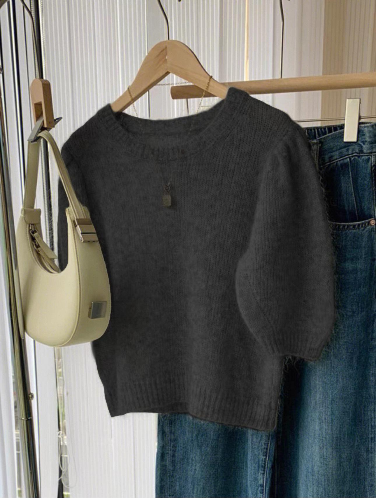 

Женская шерстяная трикотажная футболка с круглым вырезом и рукавами-буфами на весну 2025 года - Свободный облегающий французский топ с короткими рукавами Extra Large чёрный