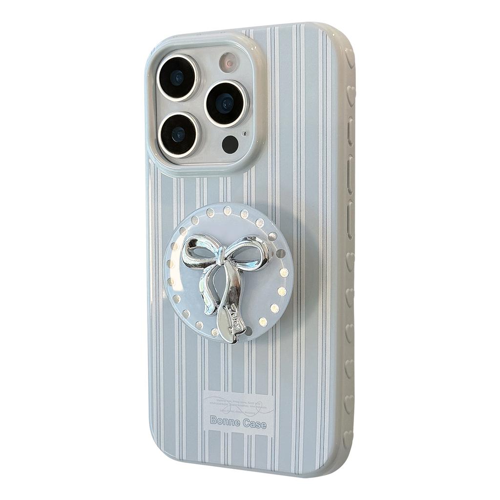 Silver Bow Bracket Apple 16 Mobile Phone Case IPhone 17 Suitable for 12 Light Luxury 15promax Blue Stripes 13 Soft