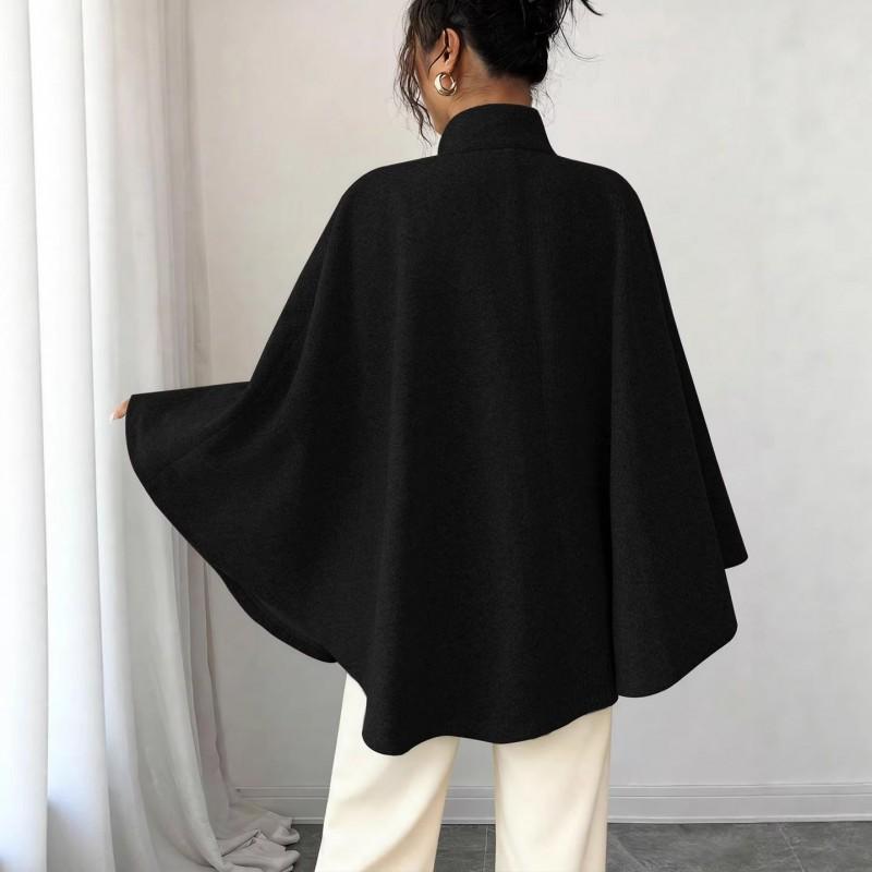Manteau Cape Élégant pour Femme en Laine Mélangée à Col Montant Ceinture à Nouer Garniture en Fourrure de Lapin Vêtement d'Hiver