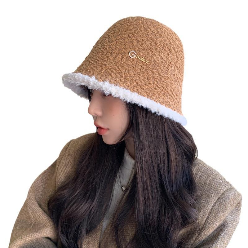 Korean Version of Autumn and Winter New Hat for Women with High End Metal Plush Fisherman Hat for Winter Thermal Basin Hat Bucket Hat Thick