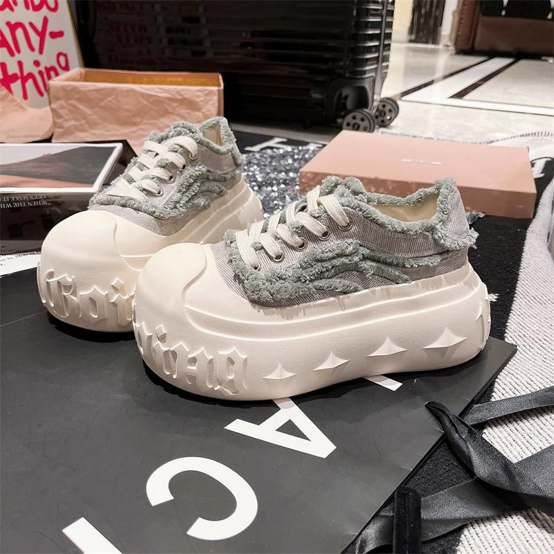 2025 ins denim lace-up platform muffin casual shoes board shoes dissolving shoes 7cm women's shoes tide increases and looks thin
