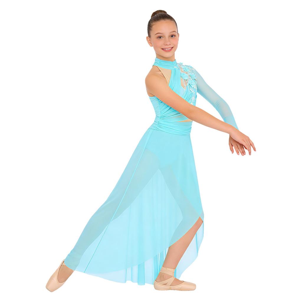 Sukienka do występu tanecznego lirycznego dla dziewczynek: Elegancka aplikacja z tyłem na klucz, rozcięciem z boku i asymetrycznym marszczonym designem z siateczki