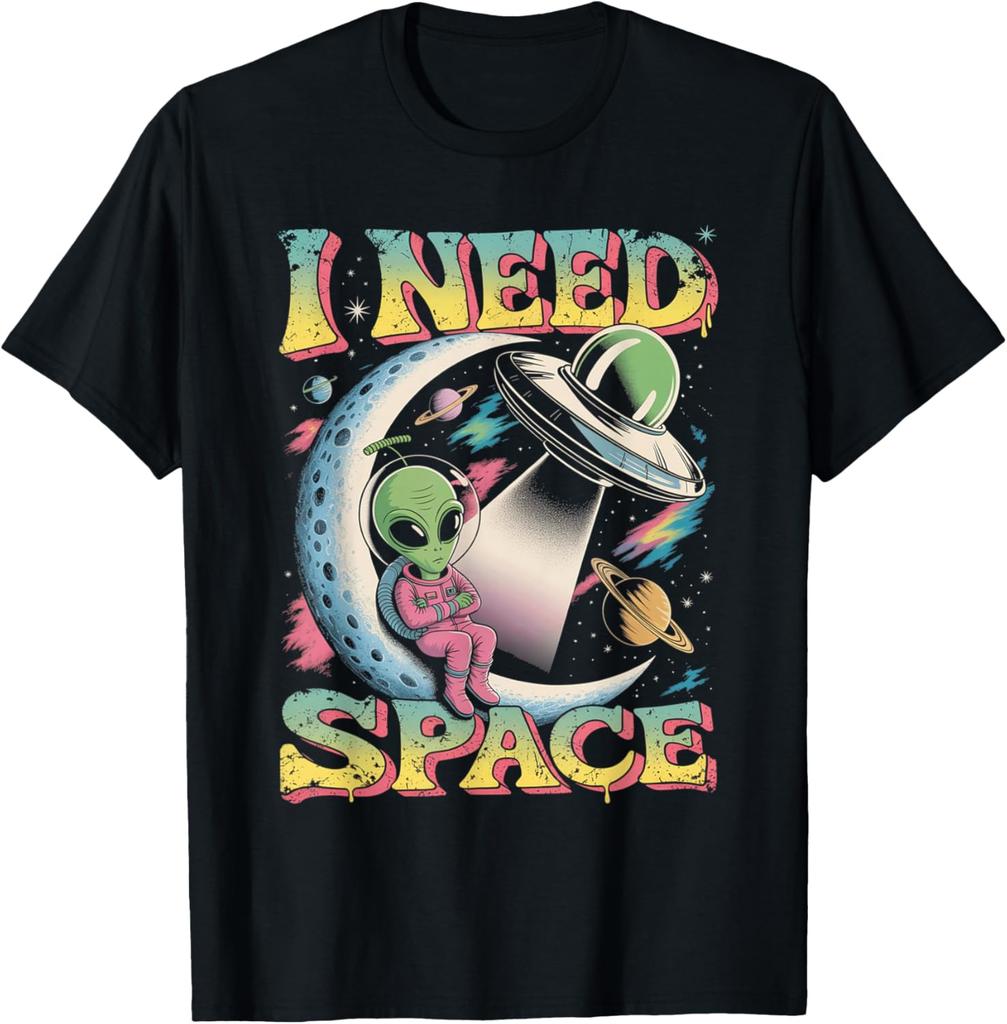 Alien Ich brauche Platz Retro Mond Sitzendes UFO Grafik T-Shirt Baumwolle Lässig Reise T-Shirt