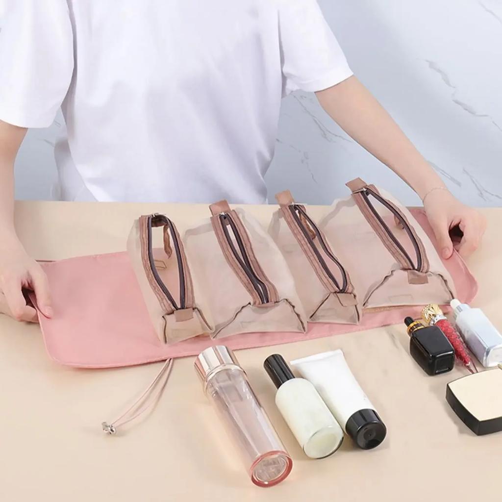 1PC-Travel Cosmetic Bag For Women Zipper Mesh Separable Cosmetic Pouch Ladies Foldable  Bag Rope Makeup Storage Bag