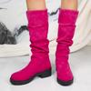 Comemore Boots for Women Leopard Suede Thick Middle Heel Folded Stacked Mid-calf Boots Round Toe Slip-On Botas Shoes