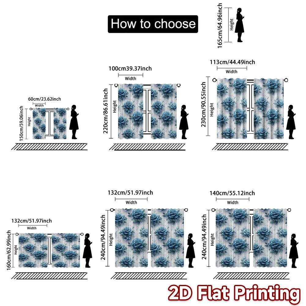 2D FLAT PRINTING 2pcs Curtains (Without Rod) Blue Roses and Pearls Popular Fashionable Curtains Versatile 100% Polyester
