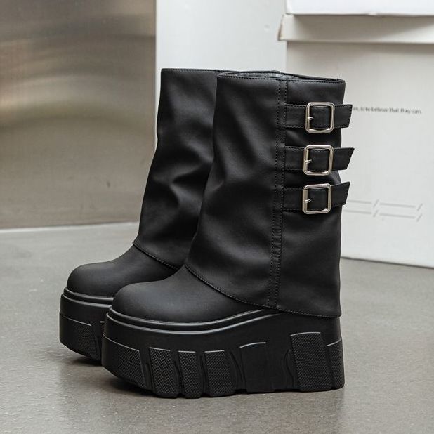 Thick Sole Women's Platform Shoes Buckle Straps Street Style White Black High Heel Mid-Calf Boots Slip On Size 35-40 Botas Mujer