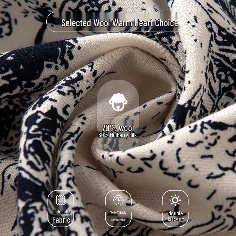 Vintage Forest Castle Print Wool Scarf - Double-Sided, Versatile Neck Warmer & Sunscreen Shawl