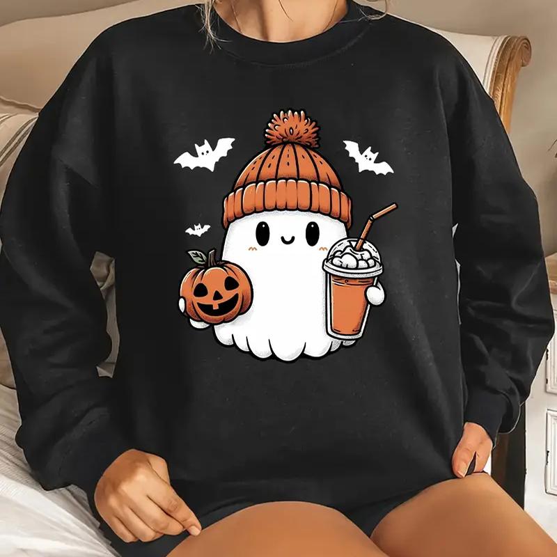 Fall Autumn Women'S Fashion O Neck Long Sleeve T-Shirt Loose Clothes Bat Pumpkin Print T Shirt For Girls Street