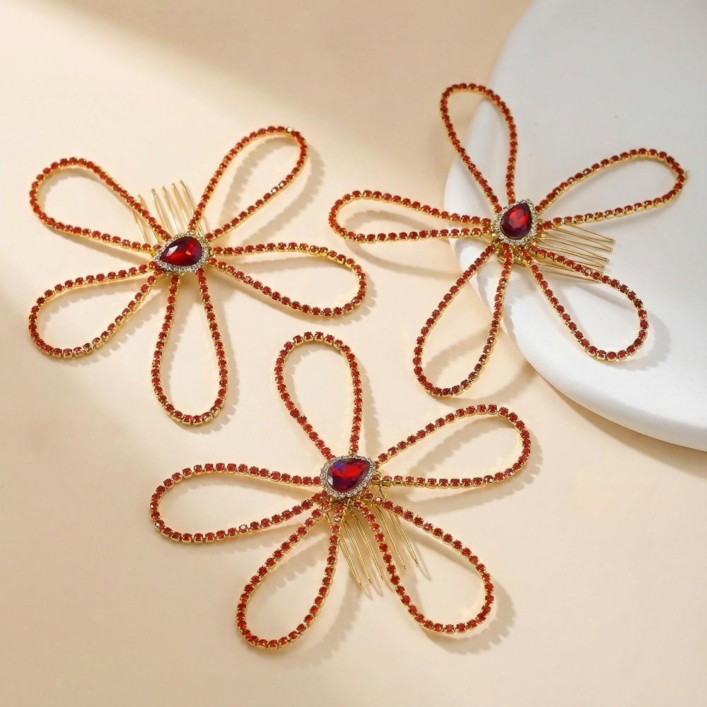 Fairy Rhinestone Hair Accessory Crystal Bridal Wedding Hair Ornament Red Flower Comb Hairpin Girls