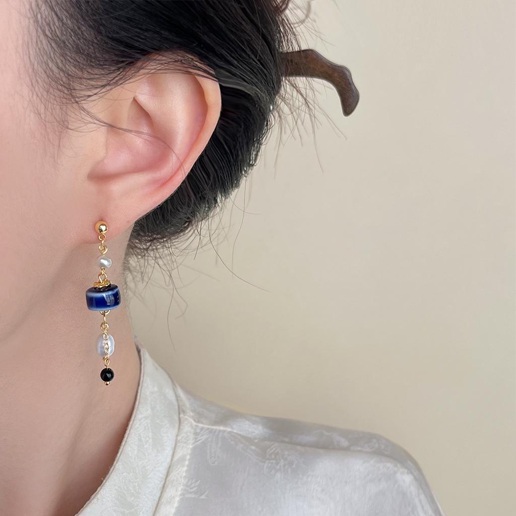 Handmade Blue Ceramic & Freshwater Pearl Tassel Earrings - Vintage Ethnic Style Jewelry for Women