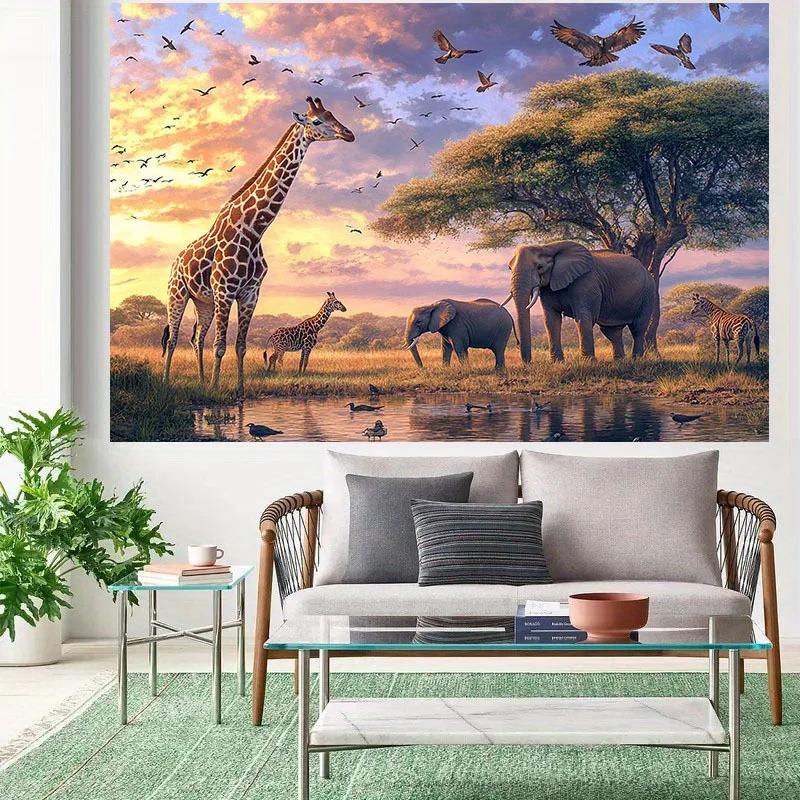 1pc African Wildlife Hunting Background - Vibrant Sunset Prairie Scene with Giraffes, Elephants and Birds - Durable Polyester