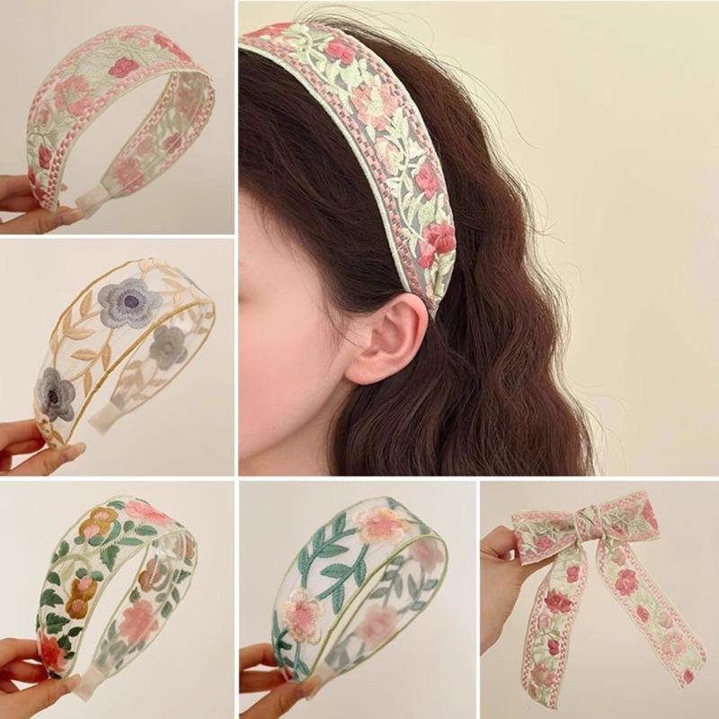 Hand-Made Cotton Linen Hairband Intricate Embroidery Blossom Design Adjustable Wide Band Unisex Hair Accessory