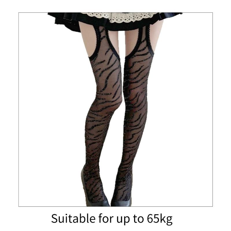 Metallic Zebras Striped Sheer Pantyhose Stockings With Thigh Cutouts Faux Suspender Garter Belt Nylon Tights for Women