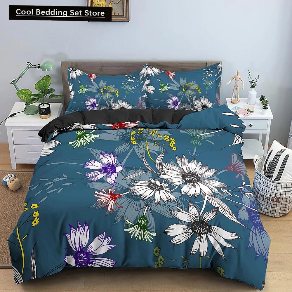 Comforter Flowers King Queen 3D Colorful Floral Printed Polyester Bedding Set For Teens Adults Women Leaves Soft
